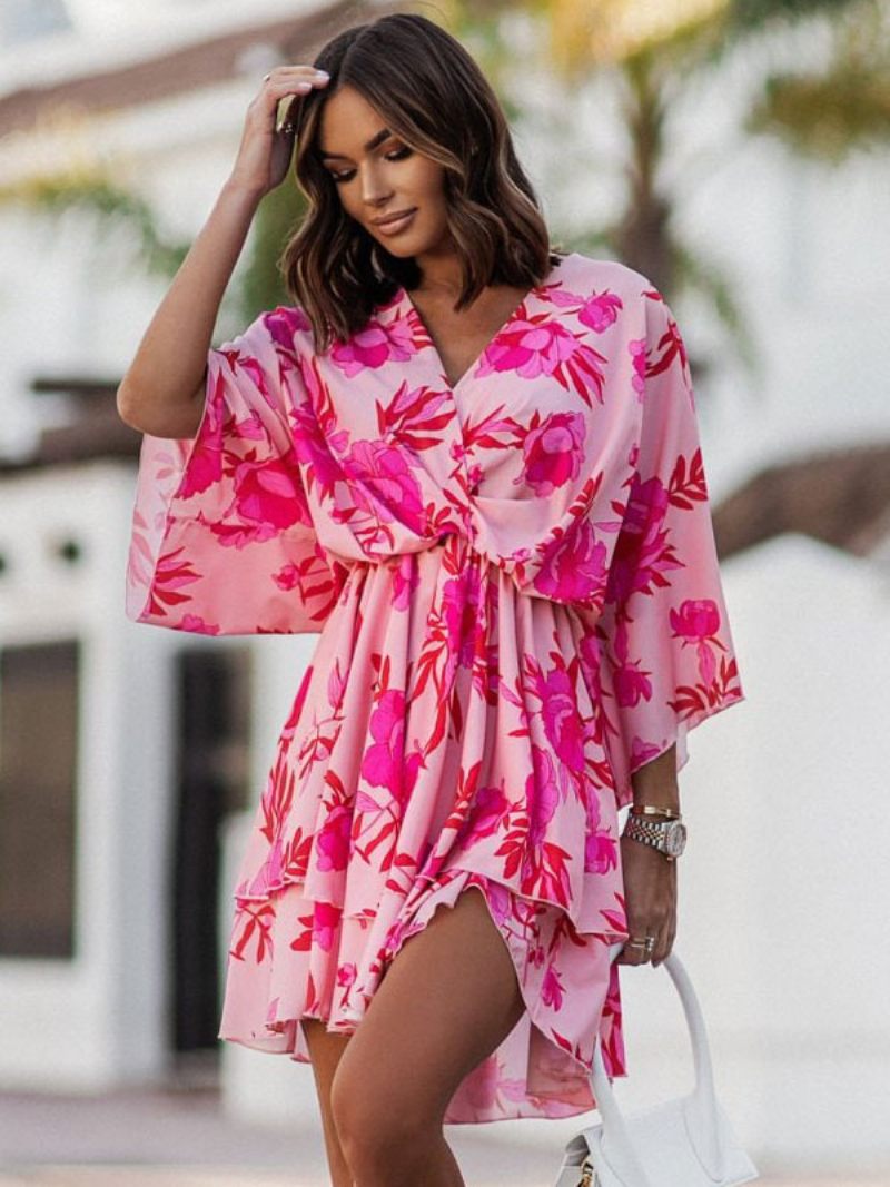 Robe D'été Pour Femmes Plage Rose À Col V - Rouge