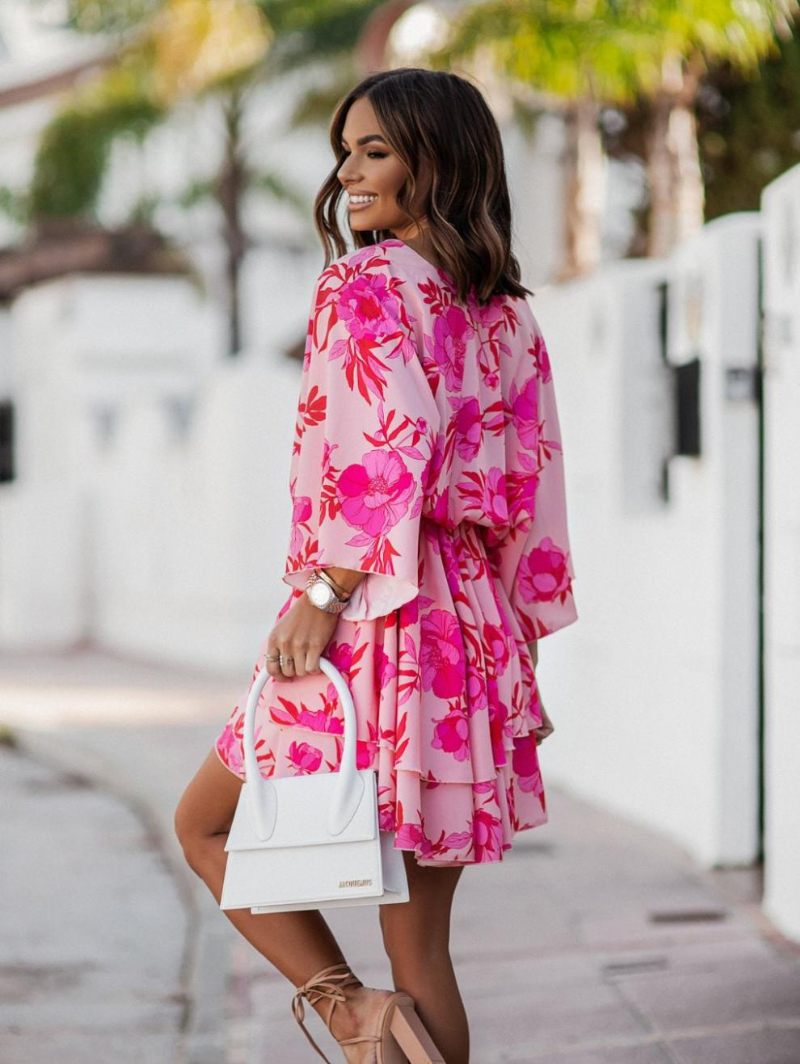 Robe D'été Pour Femmes Plage Rose À Col V - Rouge