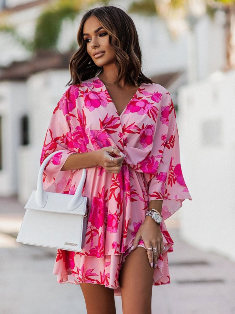 Robe D'été Pour Femmes Plage Rose À Col V - Rouge