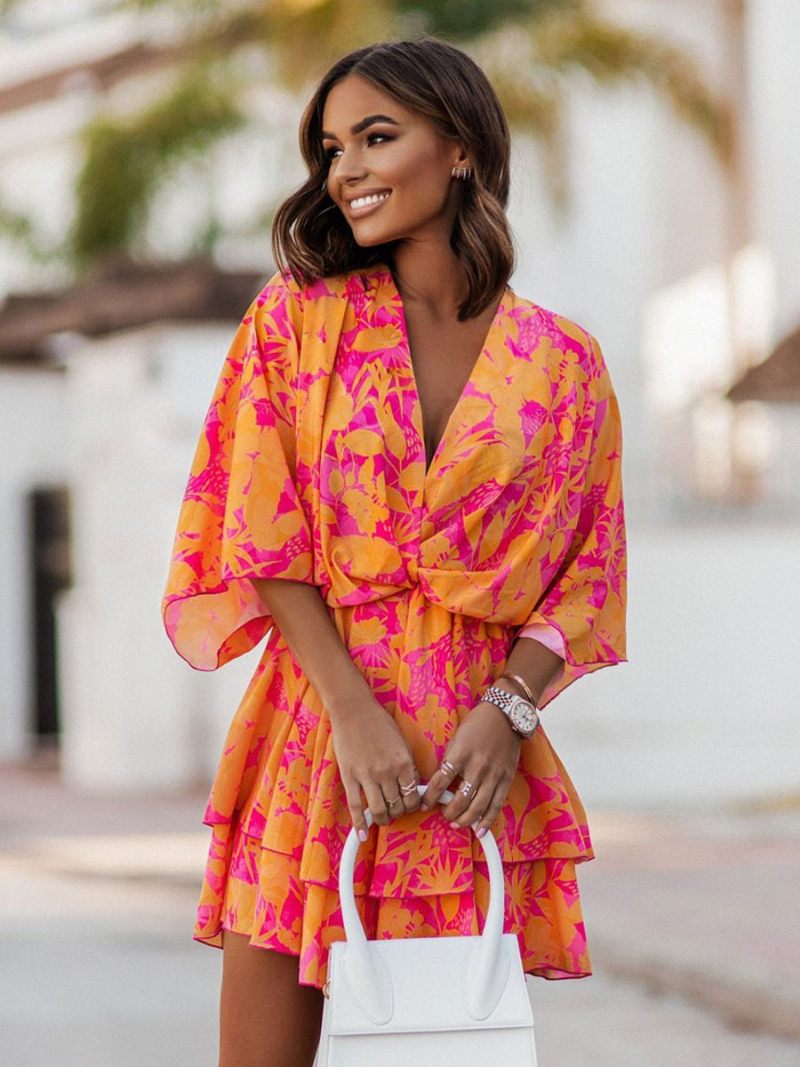 Robe D'été Pour Femmes Plage Rose À Col V - Orange