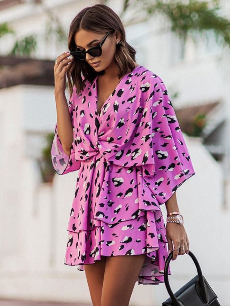 Robe D'été Pour Femmes Plage Rose À Col V - Rose