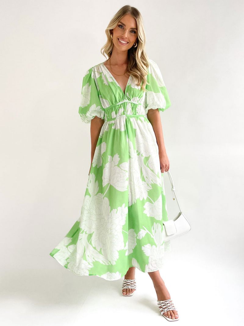 Robe D'été Longue Pour Femmes Col V Imprimé Floral Rose Plage - Vert Clair