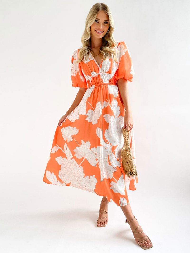 Robe D'été Longue Pour Femmes Col V Imprimé Floral Rose Plage - Orange