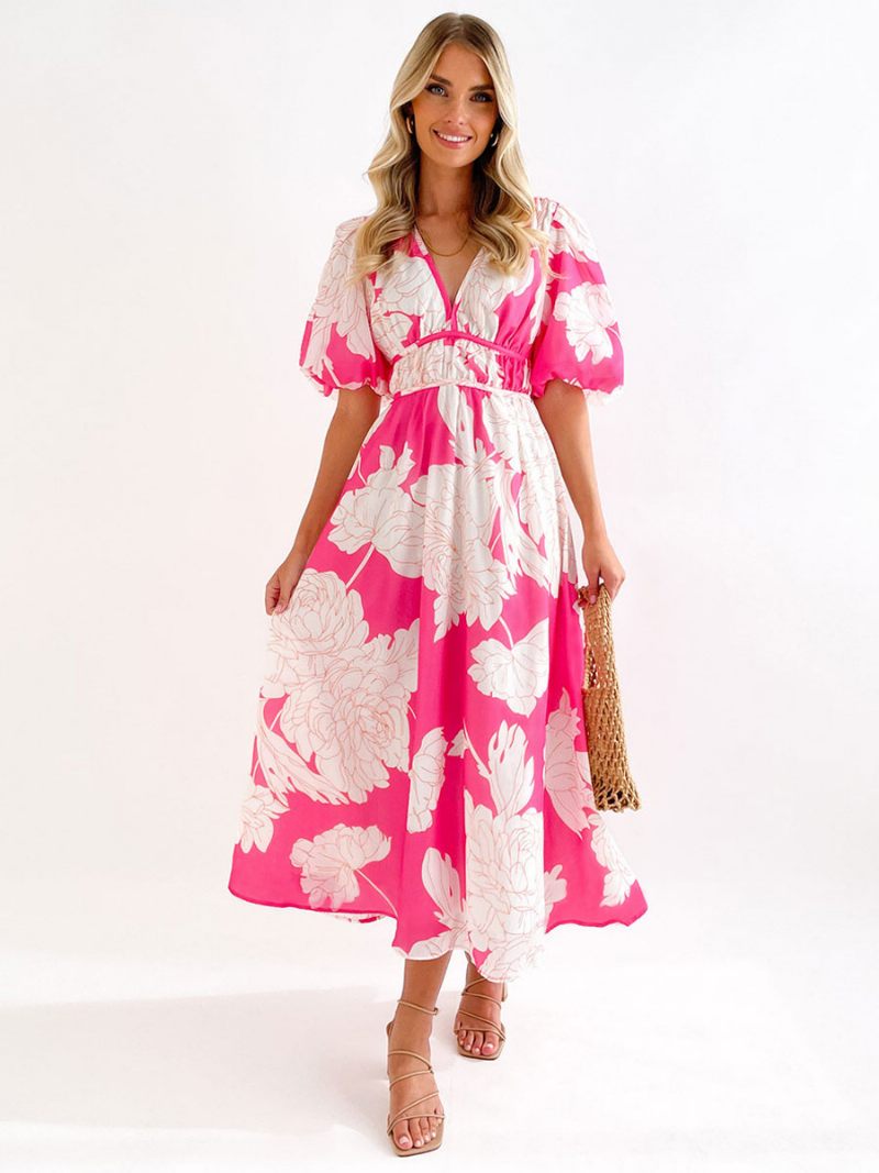 Robe D'été Longue Pour Femmes Col V Imprimé Floral Rose Plage - Rose