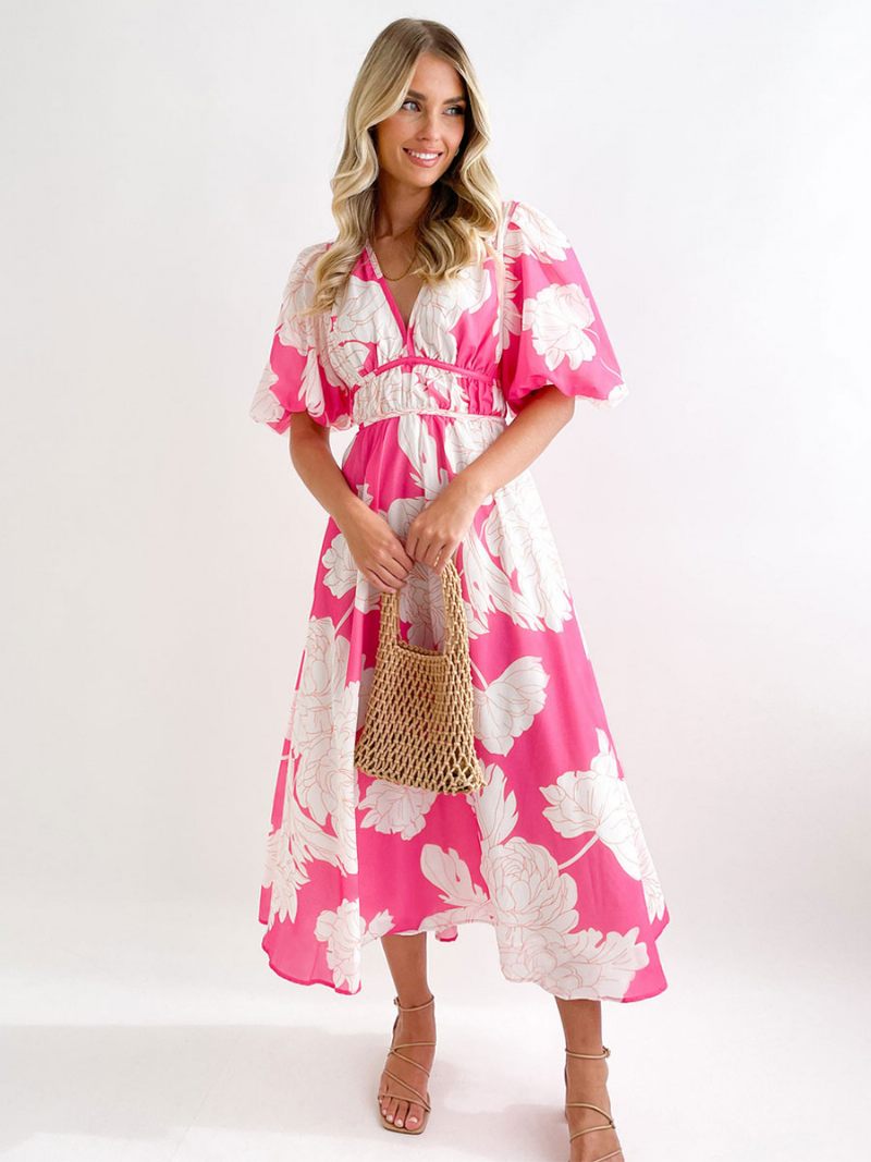 Robe D'été Longue Pour Femmes Col V Imprimé Floral Rose Plage - Rose