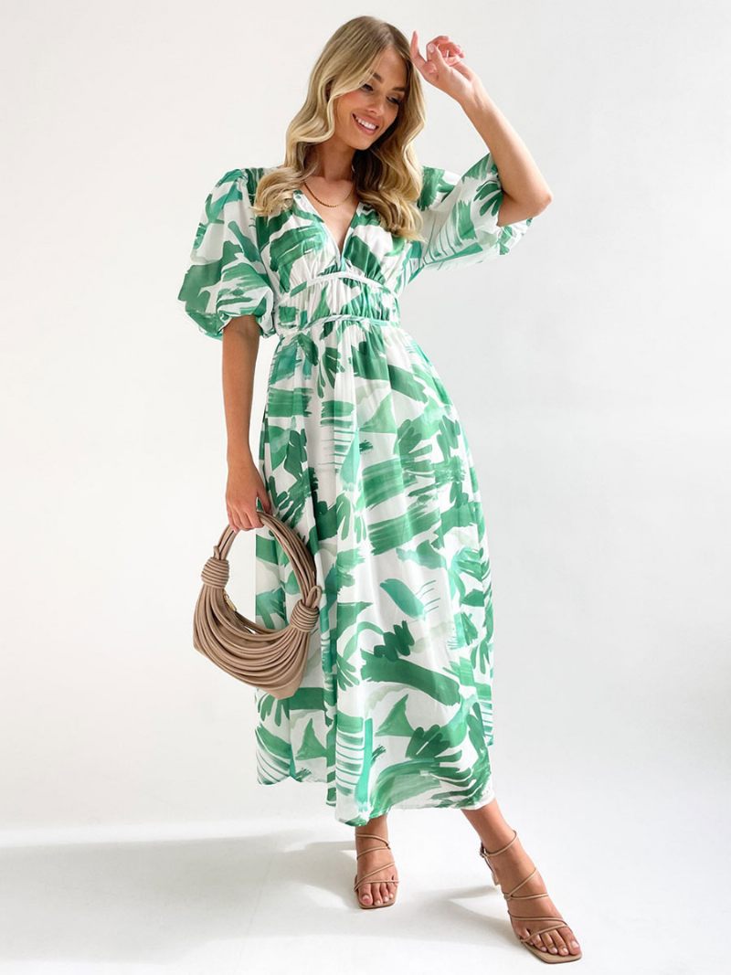 Robe D'été Longue Pour Femmes Col V Imprimé Floral Rose Plage - Vert Foncé