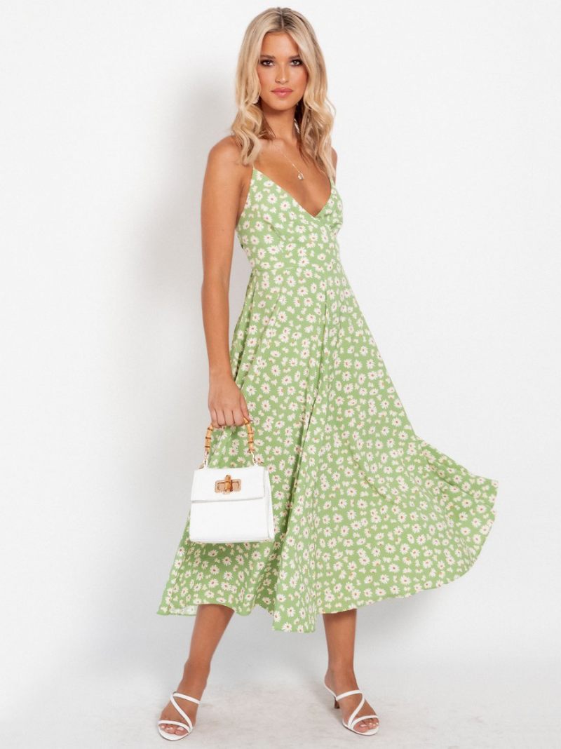 Robe D'été Tournesol Pour Femmes Imprimé Floral Trapèze Plage - Vert Herbe