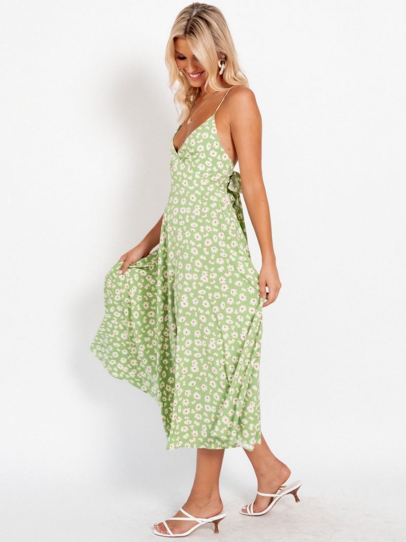 Robe D'été Tournesol Pour Femmes Imprimé Floral Trapèze Plage - Vert Herbe