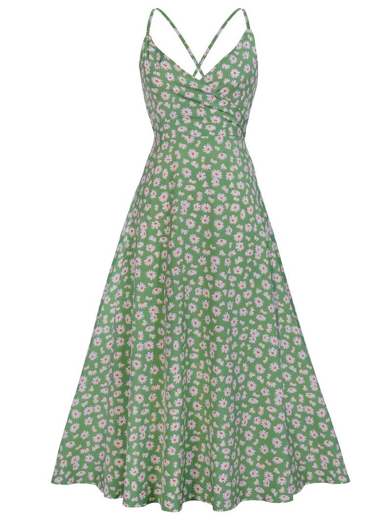 Robe D'été Tournesol Pour Femmes Imprimé Floral Trapèze Plage - Vert Herbe