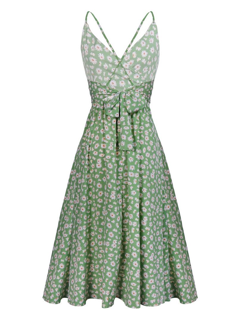 Robe D'été Tournesol Pour Femmes Imprimé Floral Trapèze Plage - Vert Herbe