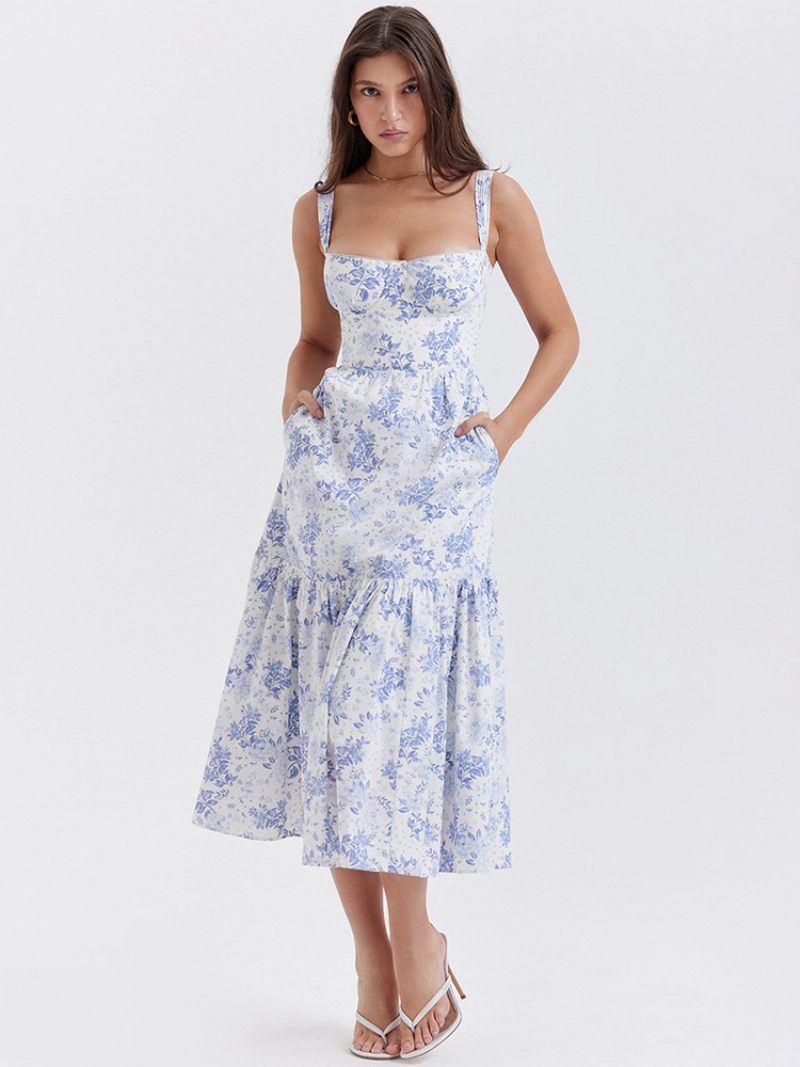 Robe À Fleurs Pour Femmes Mi-longue Imprimé Floral Sans Manches Bretelles Col Chic Réglables Volants Fermeture Éclair Couture Ouverte Longue Automne - Bleu Ciel Clair