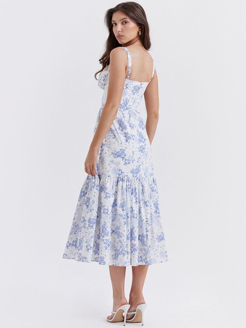 Robe À Fleurs Pour Femmes Mi-longue Imprimé Floral Sans Manches Bretelles Col Chic Réglables Volants Fermeture Éclair Couture Ouverte Longue Automne - Bleu Ciel Clair