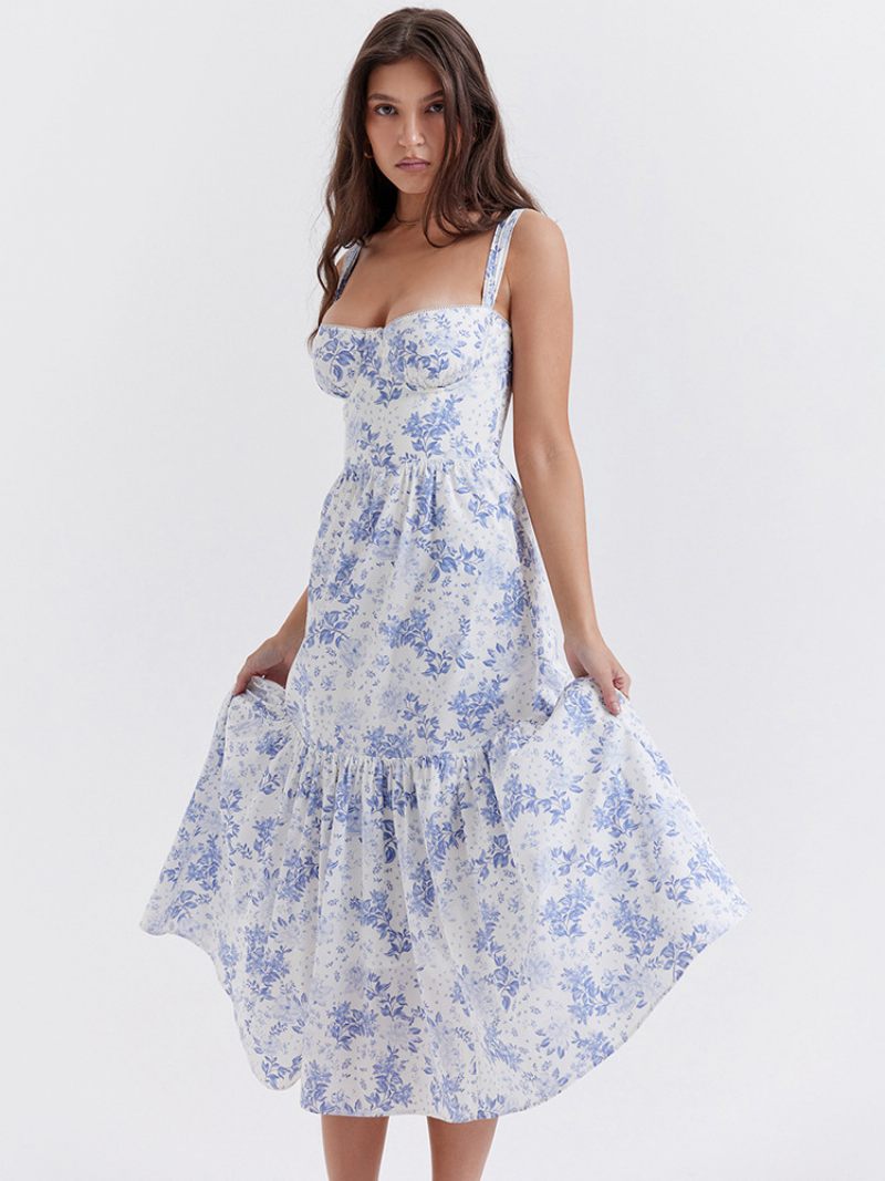 Robe À Fleurs Pour Femmes Mi-longue Imprimé Floral Sans Manches Bretelles Col Chic Réglables Volants Fermeture Éclair Couture Ouverte Longue Automne - Bleu Ciel Clair