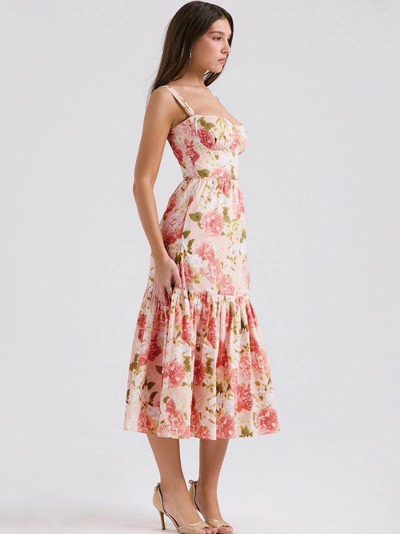 Robe À Fleurs Pour Femmes Mi-longue Imprimé Floral Sans Manches Bretelles Col Chic Réglables Volants Fermeture Éclair Couture Ouverte Longue Automne - Rose