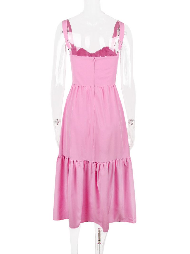 Robe À Fleurs Pour Femmes Mi-longue Imprimé Floral Sans Manches Bretelles Col Chic Réglables Volants Fermeture Éclair Couture Ouverte Longue Automne - Magenta