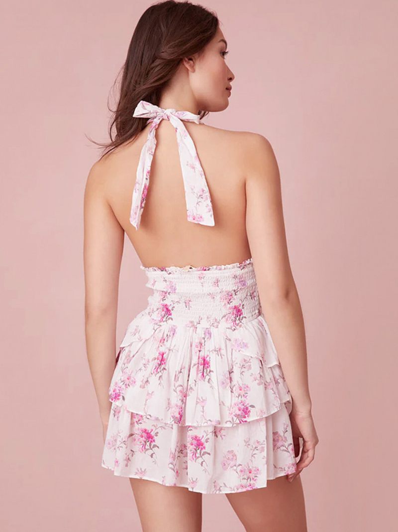 Robe À Fleurs Pour Femmes Mini Imprimé Floral Dos Nu Superposée Lacets Sans Manches Couture Ouverte Sexy Courte D'automne - Rose