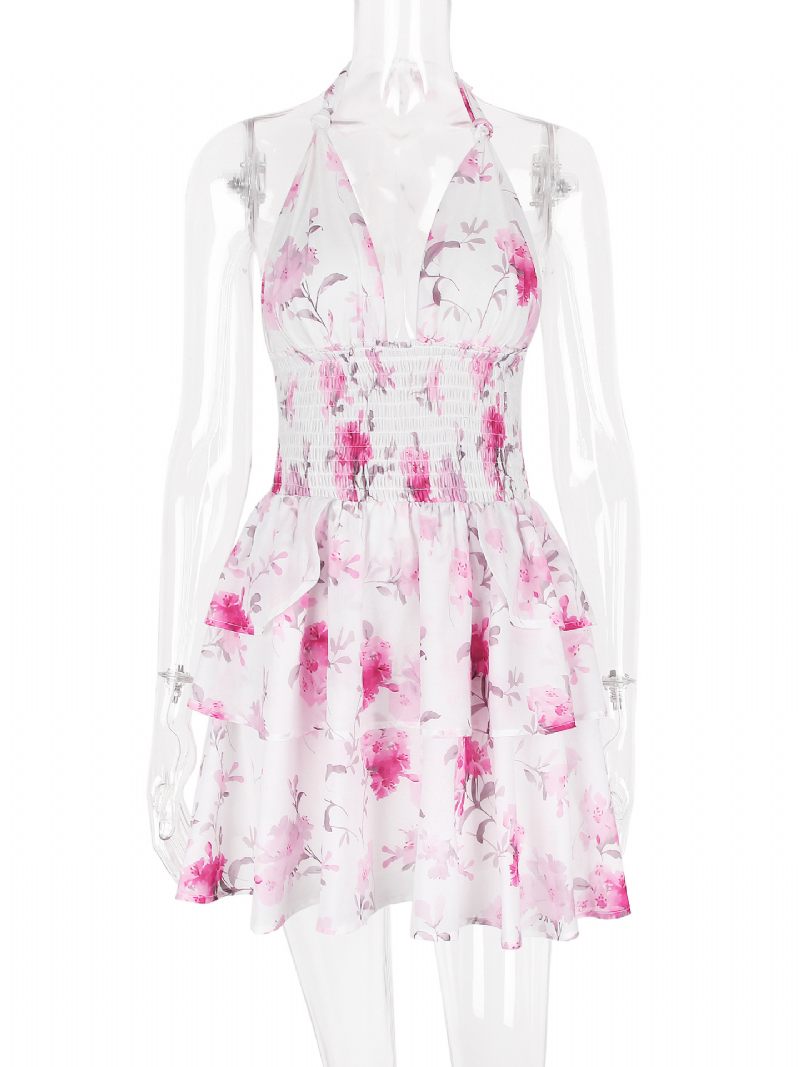 Robe À Fleurs Pour Femmes Mini Imprimé Floral Dos Nu Superposée Lacets Sans Manches Couture Ouverte Sexy Courte D'automne - Rose