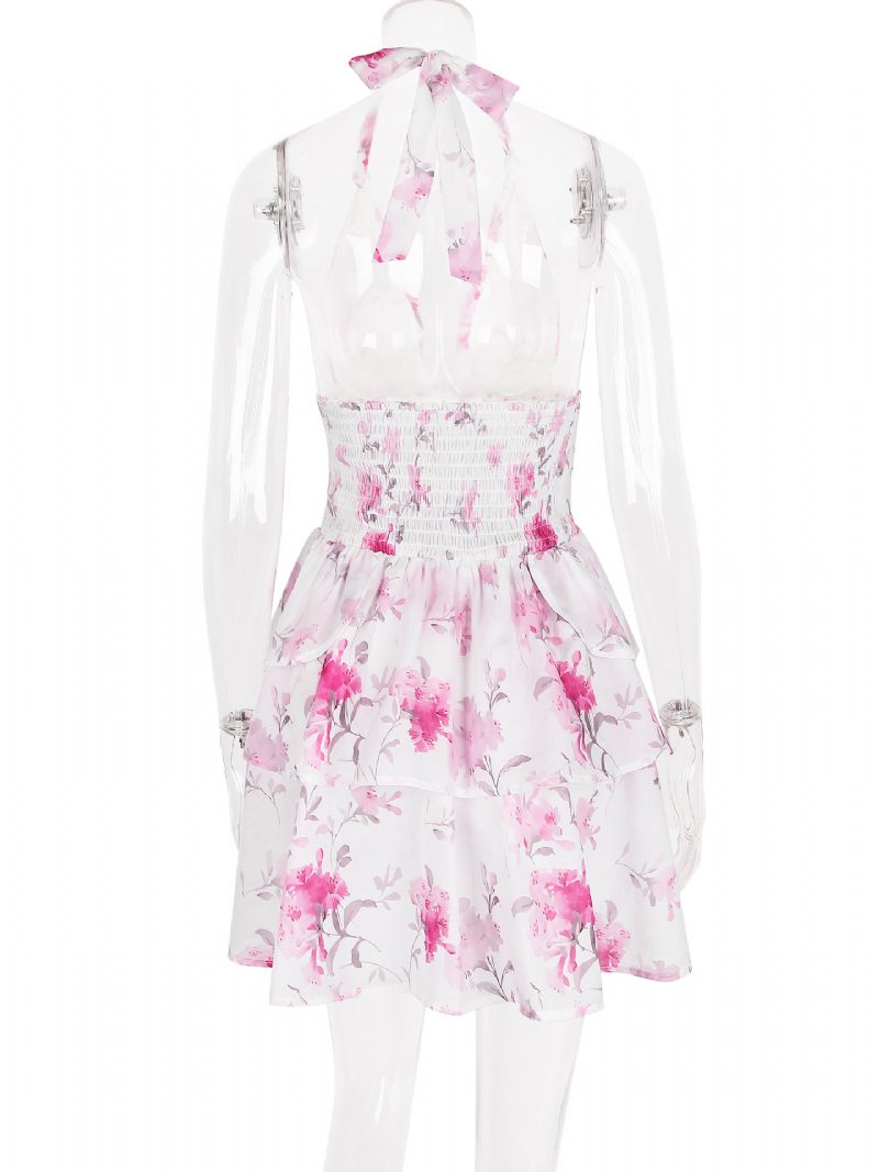 Robe À Fleurs Pour Femmes Mini Imprimé Floral Dos Nu Superposée Lacets Sans Manches Couture Ouverte Sexy Courte D'automne - Rose