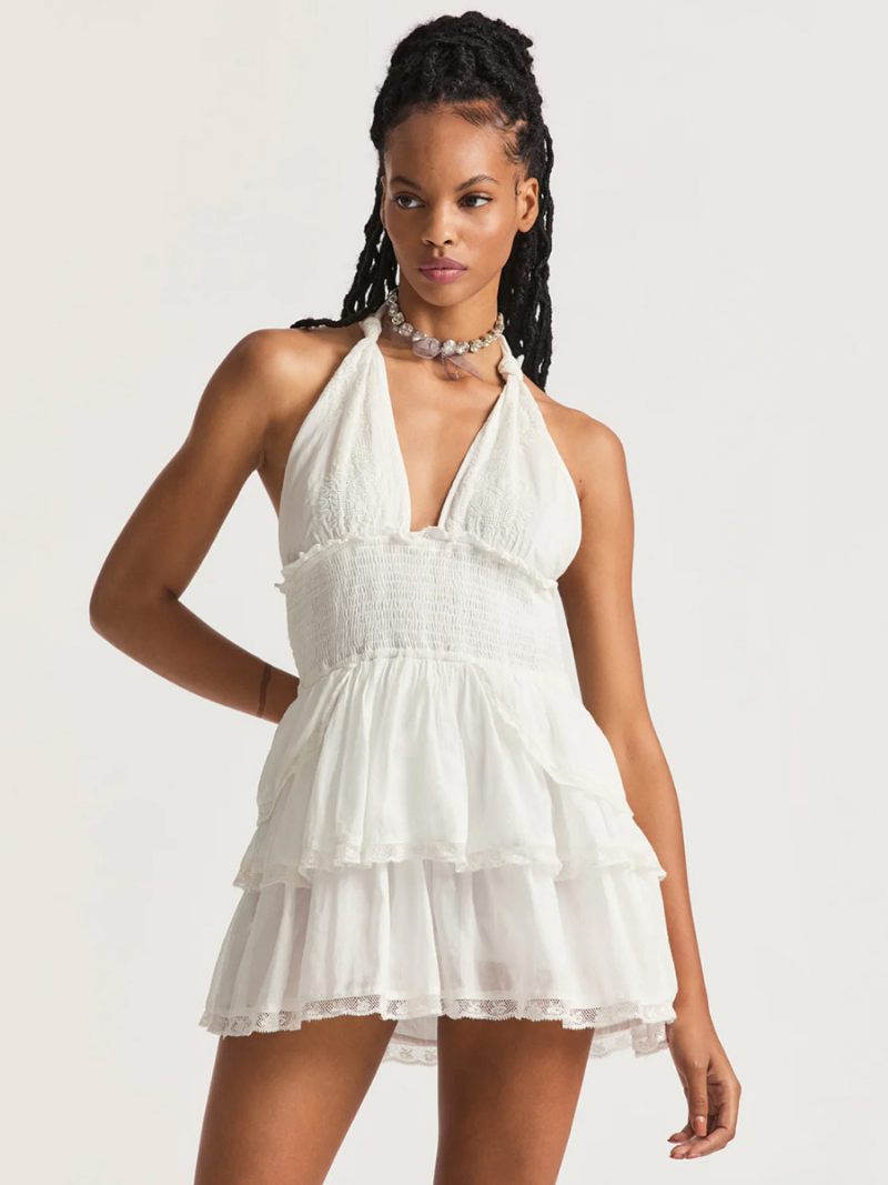 Robe À Fleurs Pour Femmes Mini Imprimé Floral Dos Nu Superposée Lacets Sans Manches Couture Ouverte Sexy Courte D'automne - Blanc