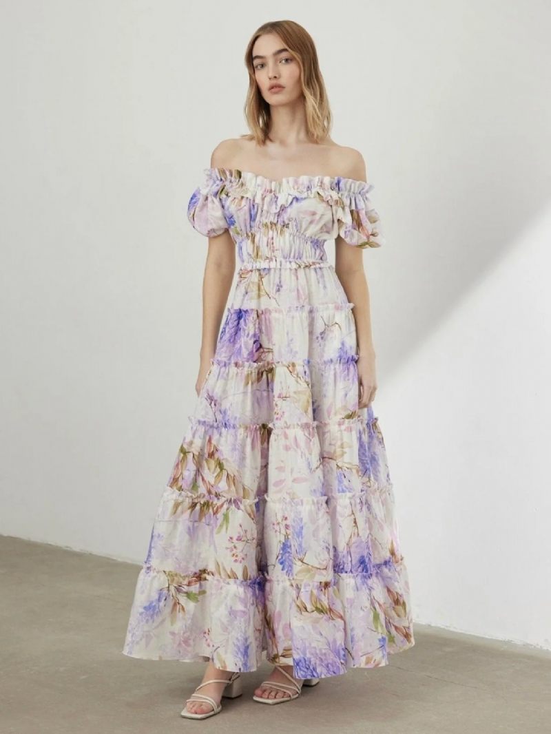 Robe À Fleurs Pour Femmes Robes Longues Imprimé Floral Sans Bretelles Volants Superposés Col Bateau Manches Courtes Couture Ouverte Chic Automne Long - Lilas