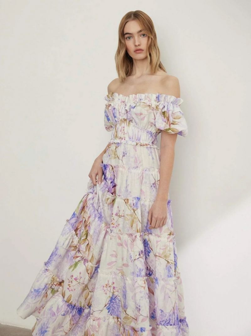 Robe À Fleurs Pour Femmes Robes Longues Imprimé Floral Sans Bretelles Volants Superposés Col Bateau Manches Courtes Couture Ouverte Chic Automne Long - Lilas