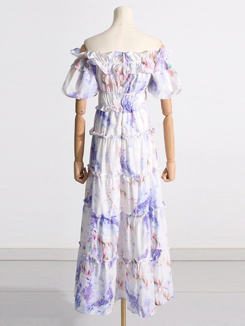 Robe À Fleurs Pour Femmes Robes Longues Imprimé Floral Sans Bretelles Volants Superposés Col Bateau Manches Courtes Couture Ouverte Chic Automne Long - Lilas