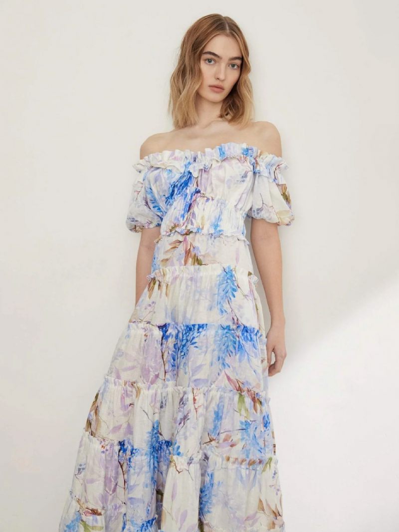 Robe À Fleurs Pour Femmes Robes Longues Imprimé Floral Sans Bretelles Volants Superposés Col Bateau Manches Courtes Couture Ouverte Chic Automne Long - Bleu Ciel Clair