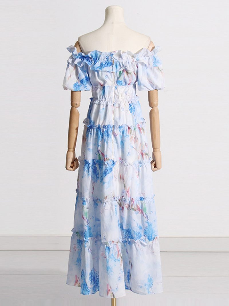 Robe À Fleurs Pour Femmes Robes Longues Imprimé Floral Sans Bretelles Volants Superposés Col Bateau Manches Courtes Couture Ouverte Chic Automne Long - Bleu Ciel Clair