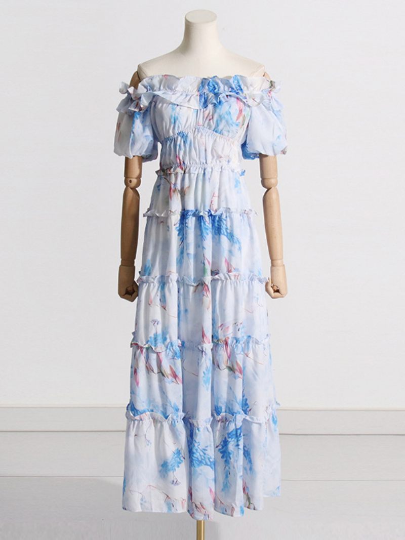 Robe À Fleurs Pour Femmes Robes Longues Imprimé Floral Sans Bretelles Volants Superposés Col Bateau Manches Courtes Couture Ouverte Chic Automne Long - Bleu Ciel Clair