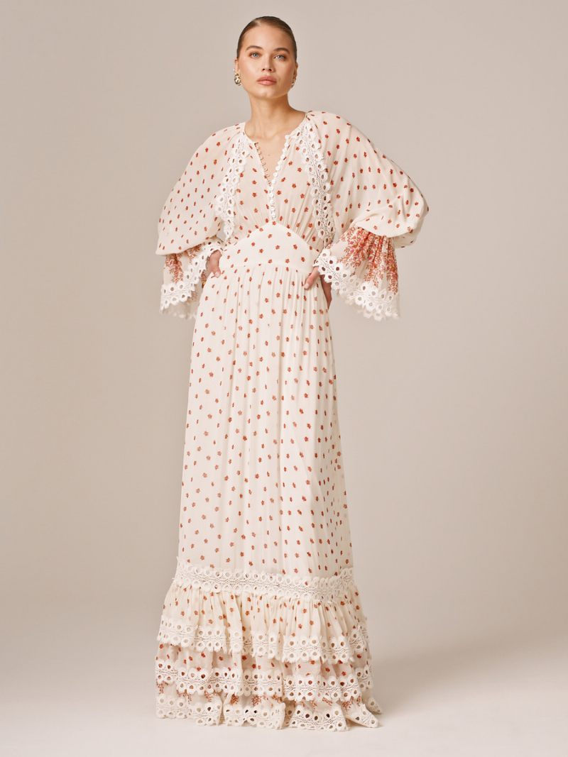 Robe À Fleurs Pour Femmes Robes Longues Imprimé Floral Volants Superposés Encolure Conçue Manches Sans Couture Ouverte Chic Été Long - Blanc