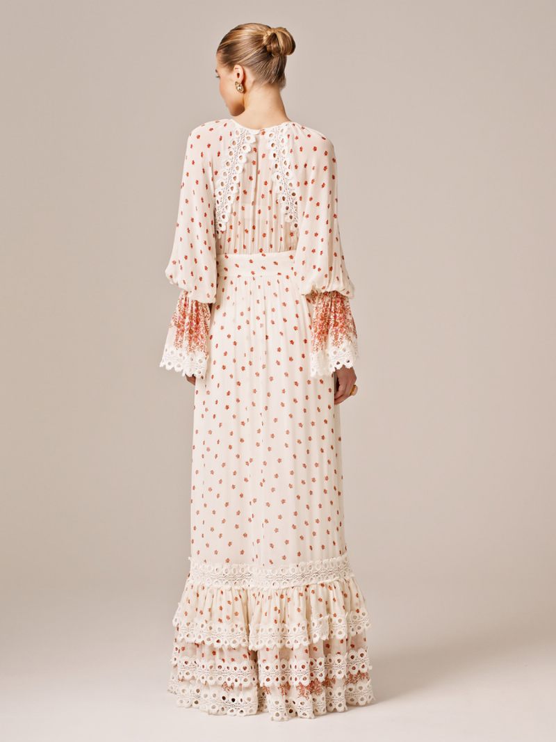 Robe À Fleurs Pour Femmes Robes Longues Imprimé Floral Volants Superposés Encolure Conçue Manches Sans Couture Ouverte Chic Été Long - Blanc