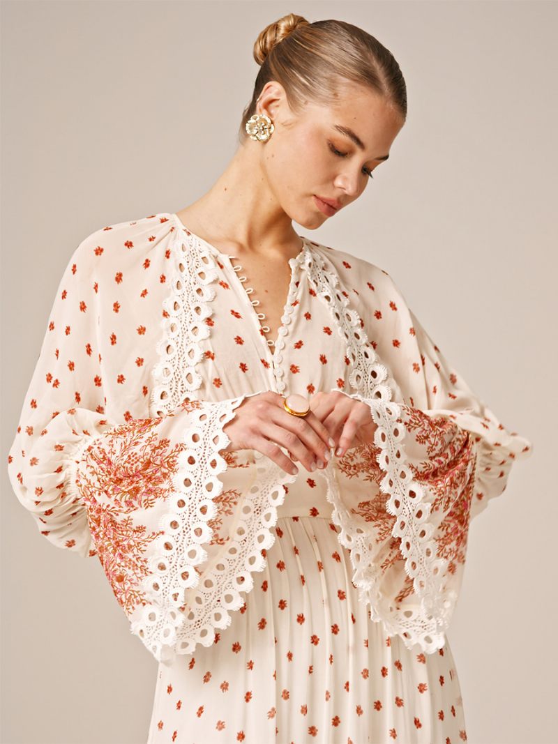 Robe À Fleurs Pour Femmes Robes Longues Imprimé Floral Volants Superposés Encolure Conçue Manches Sans Couture Ouverte Chic Été Long - Blanc