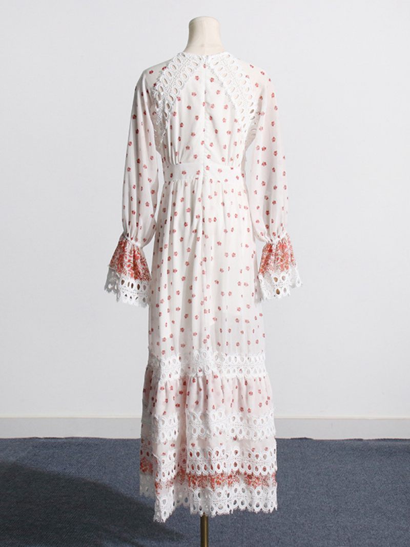 Robe À Fleurs Pour Femmes Robes Longues Imprimé Floral Volants Superposés Encolure Conçue Manches Sans Couture Ouverte Chic Été Long - Blanc