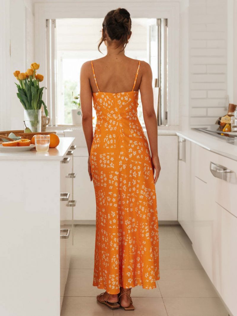 Robe Florale Pour Femmes Bretelles Spaghetti Réglables Dos Nu Robes Maxi D'été - Orange