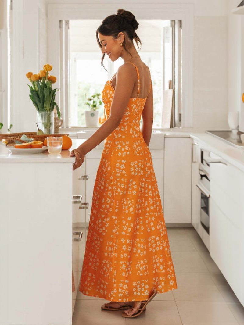 Robe Florale Pour Femmes Bretelles Spaghetti Réglables Dos Nu Robes Maxi D'été - Orange