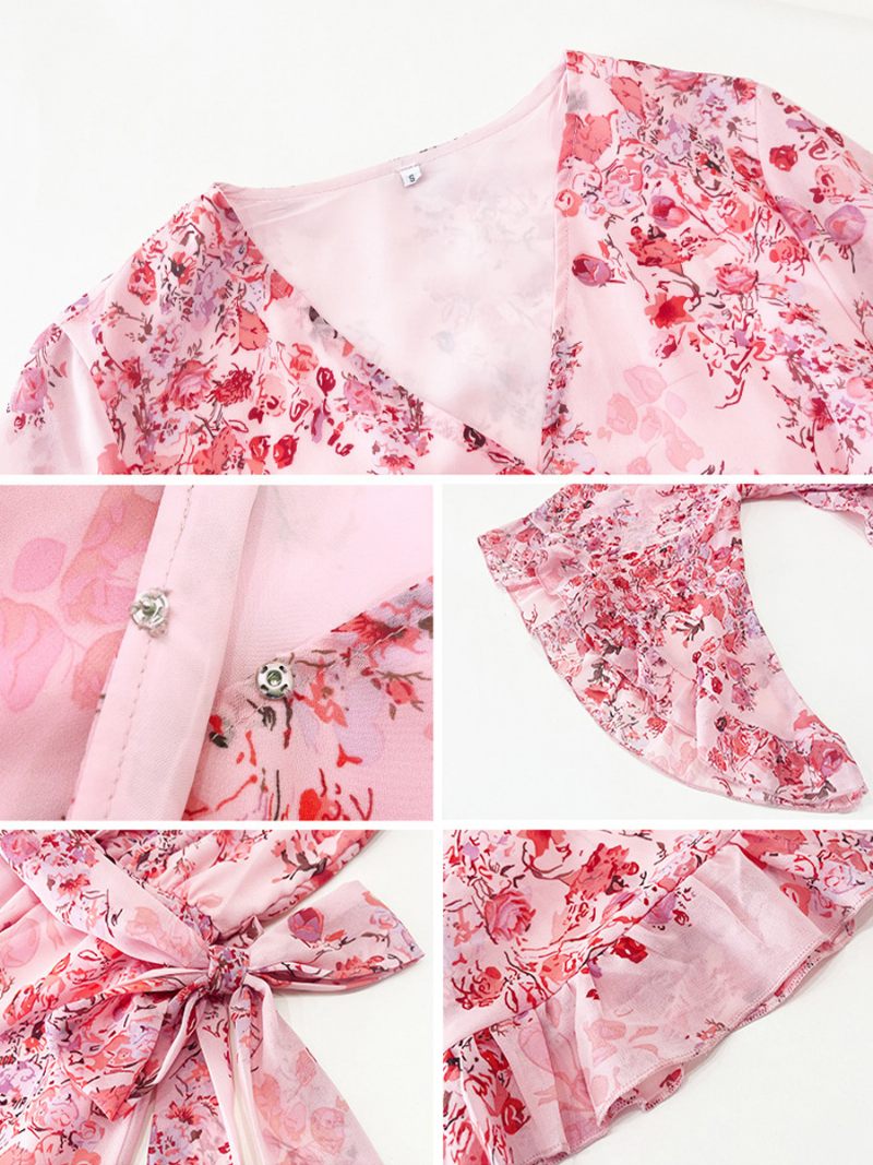 Robe Florale Pour Femmes Col V Ceinturée Robes Mi-longues Décontractées Quotidiennes Le Printemps Et L'été - Rose