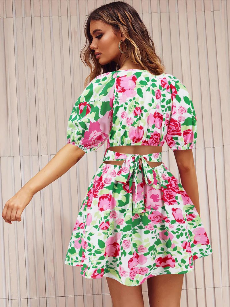 Robe Florale Pour Femmes Col V Manches Bouffantes Découpe Décontractée Robes Courtes D'été - Vert