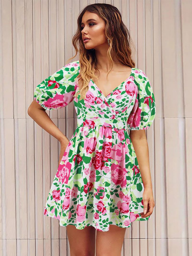 Robe Florale Pour Femmes Col V Manches Bouffantes Découpe Décontractée Robes Courtes D'été - Vert