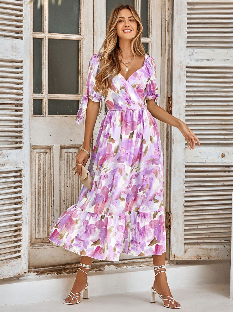 Robe Florale Pour Femmes Col V Manches Courtes Mi-longue Imprimée Décontractée