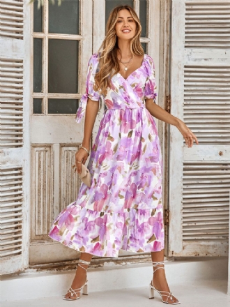 Robe Florale Pour Femmes Col V Manches Courtes Mi-longue Imprimée Décontractée