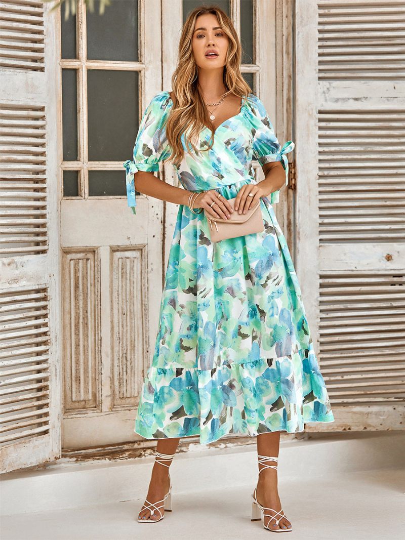 Robe Florale Pour Femmes Col V Manches Courtes Mi-longue Imprimée Décontractée - Vert