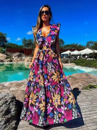 Robe Florale Pour Femmes Col V Sans Manches À Plusieurs Niveaux Décontractée Été Maxi