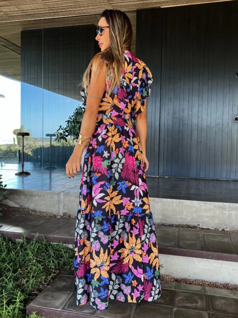 Robe Florale Pour Femmes Col V Sans Manches À Plusieurs Niveaux Décontractée Été Maxi - Noir