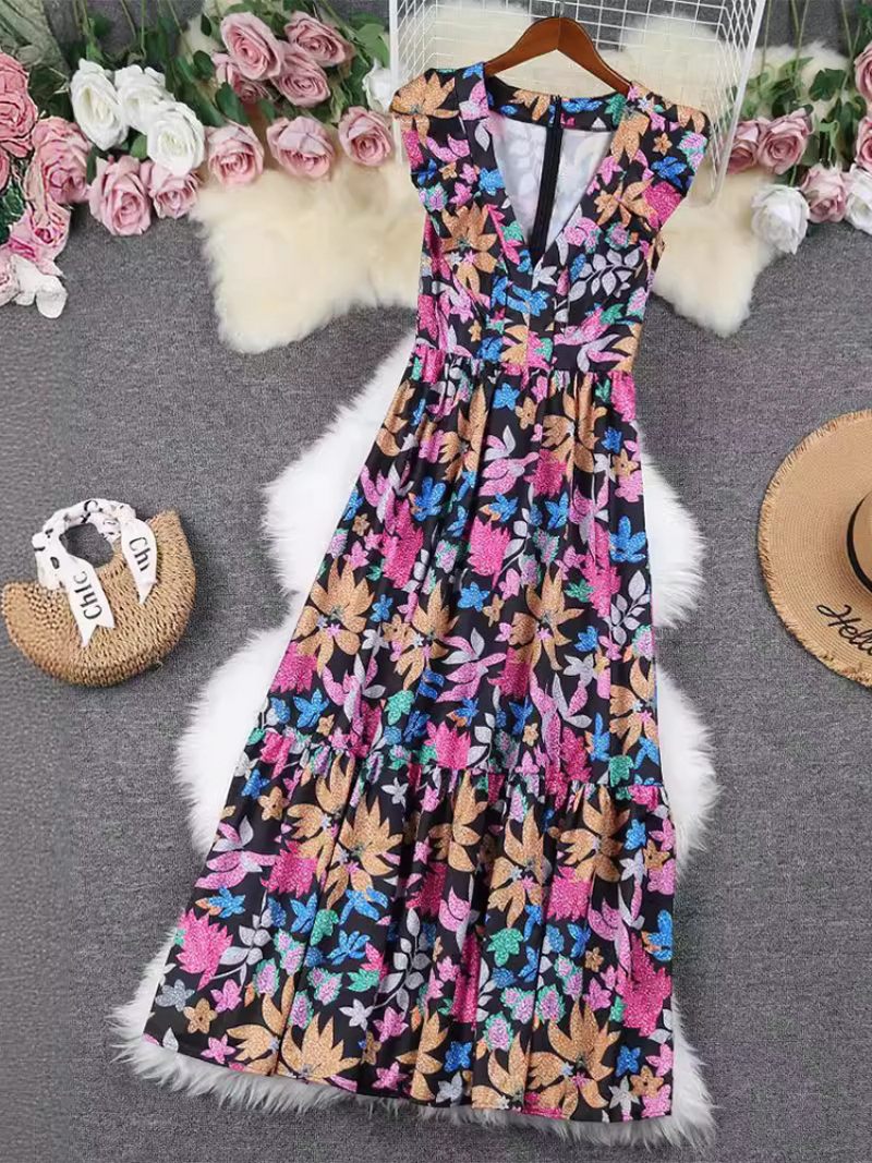 Robe Florale Pour Femmes Col V Sans Manches À Plusieurs Niveaux Décontractée Été Maxi - Noir