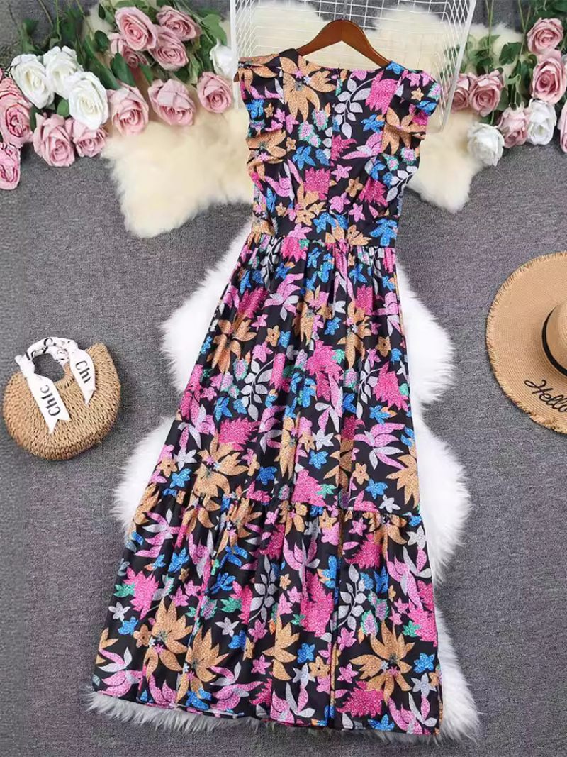 Robe Florale Pour Femmes Col V Sans Manches À Plusieurs Niveaux Décontractée Été Maxi - Noir