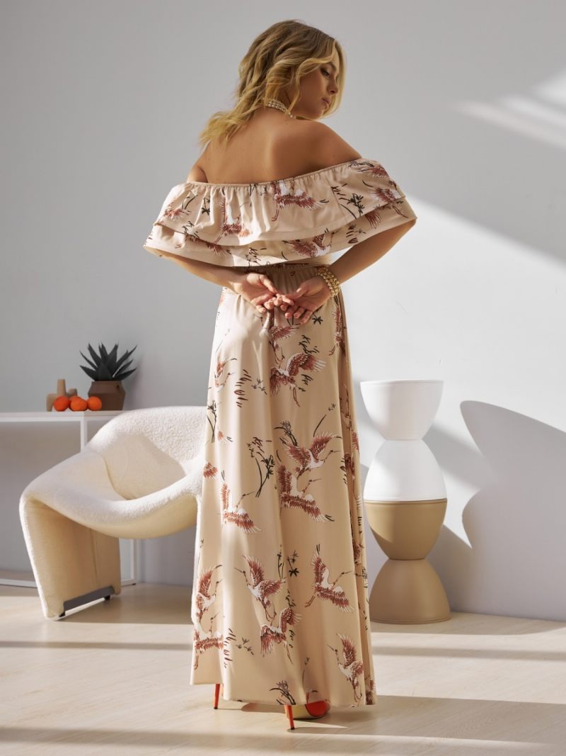 Robe Florale Pour Femmes Épaules Dénudées Fente Haute Volants Robes Maxi D'été Décontractées - Ivoire