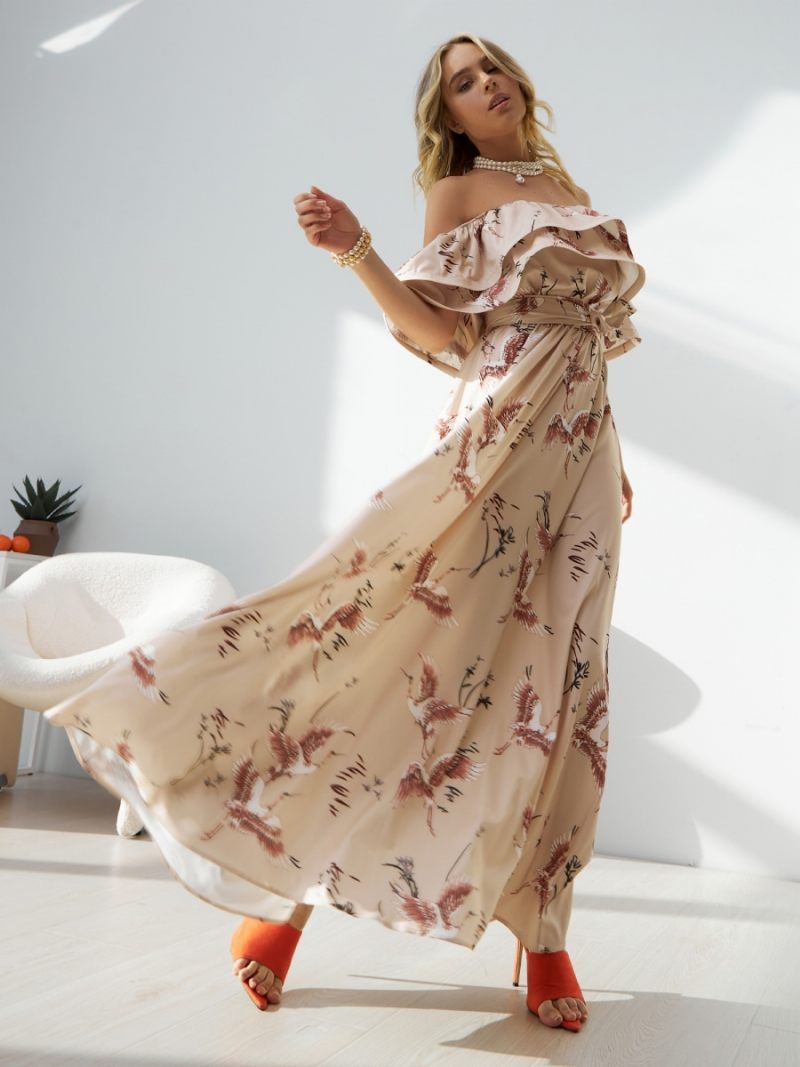 Robe Florale Pour Femmes Épaules Dénudées Fente Haute Volants Robes Maxi D'été Décontractées - Ivoire