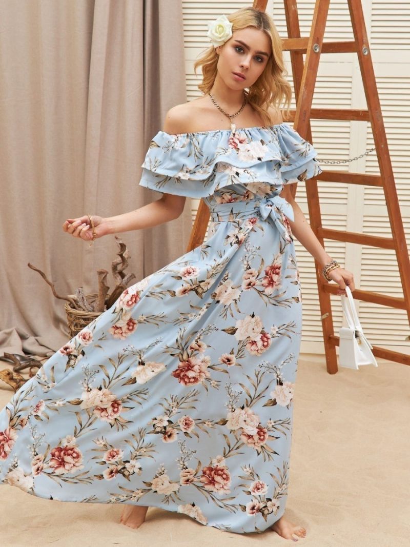 Robe Florale Pour Femmes Épaules Dénudées Fente Haute Volants Robes Maxi D'été Décontractées - Bleu Ciel Clair