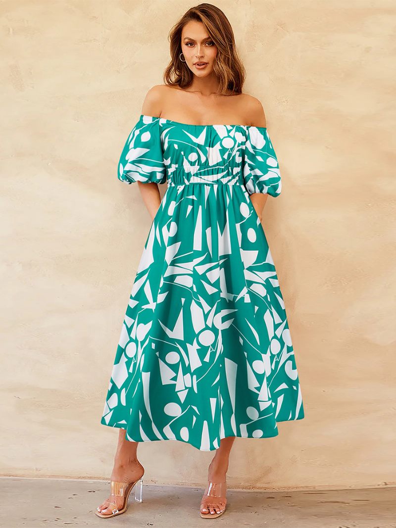 Robe Florale Pour Femmes Épaules Dénudées Manches Bouffantes Robes Mi-longues Décontractées D'été - Vert