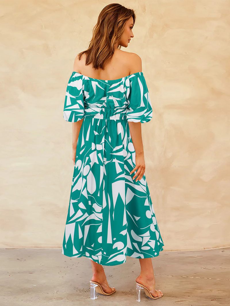 Robe Florale Pour Femmes Épaules Dénudées Manches Bouffantes Robes Mi-longues Décontractées D'été - Vert